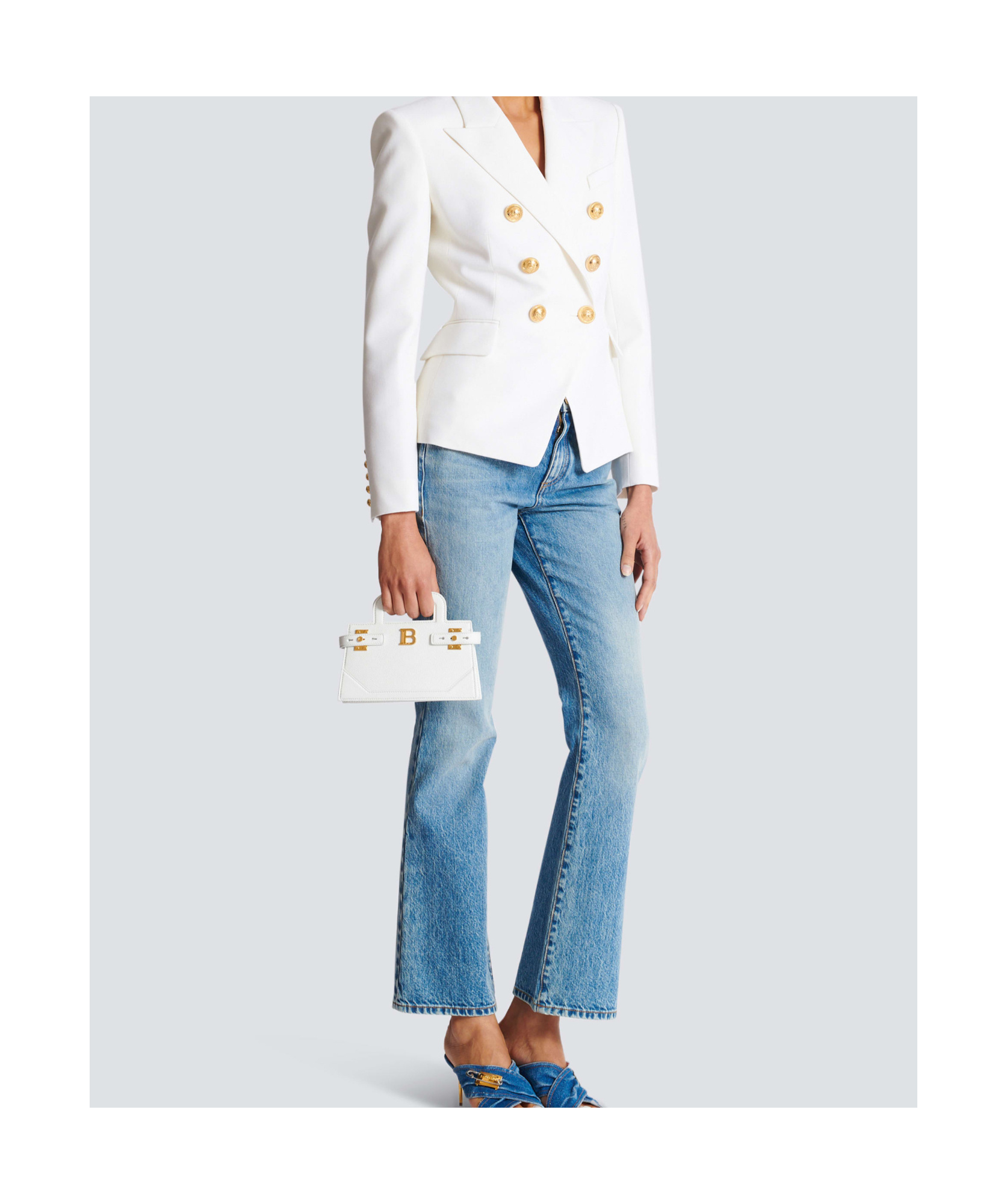 Balmain Small B-buzz Top Handle Bag In Grained Leather In White