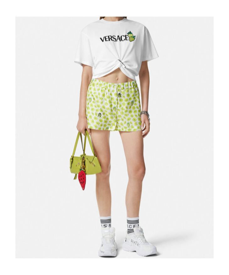 Versace Strawberry Garden Safety Pin Cropped T-shirt In White