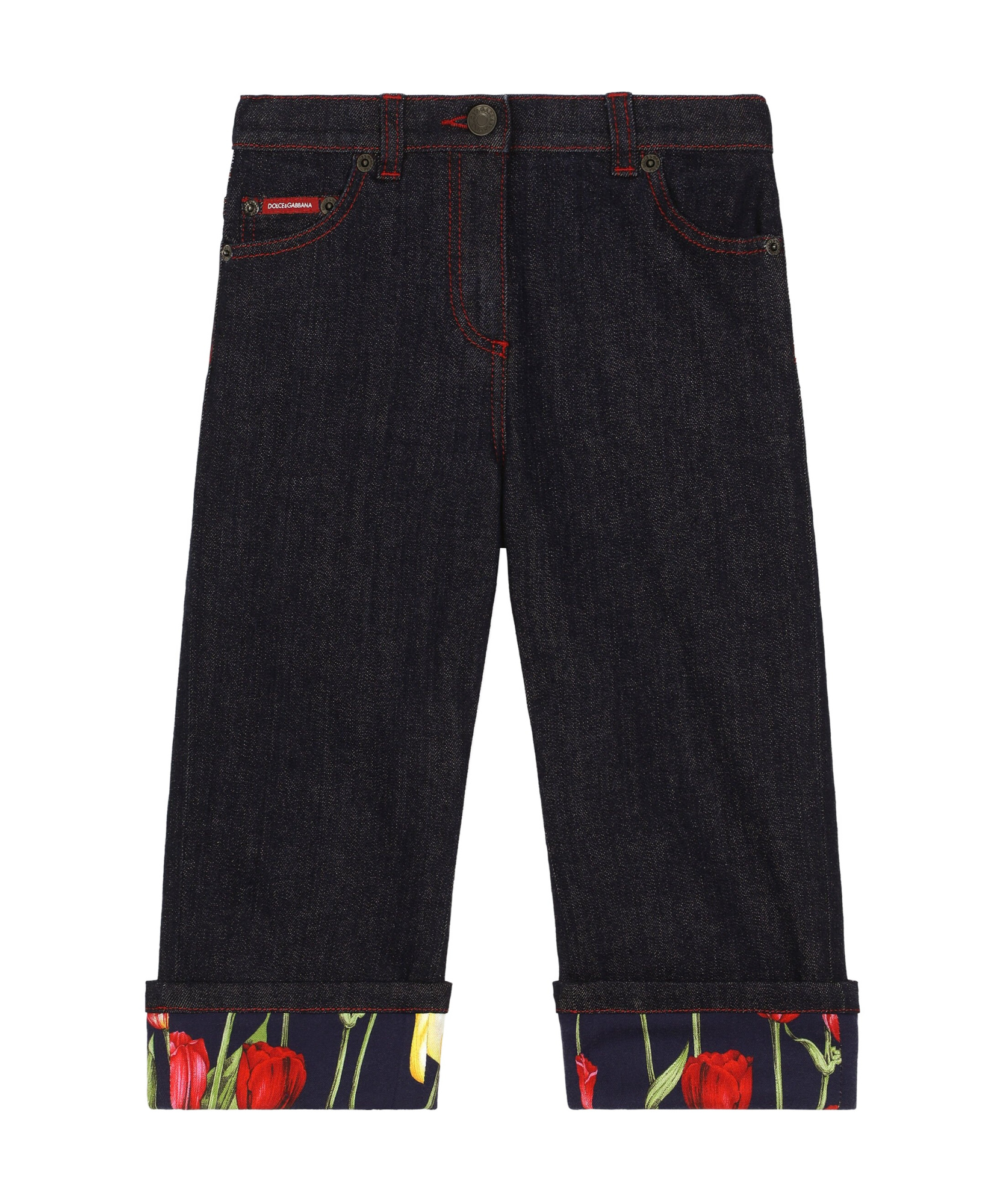 Dolce & Gabbana Floral Turn-up Jeans In Black