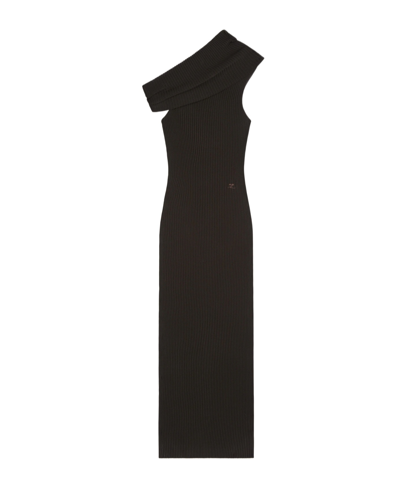 Shop Courrèges Assymetric Ribbed-knit Long Dress In Black