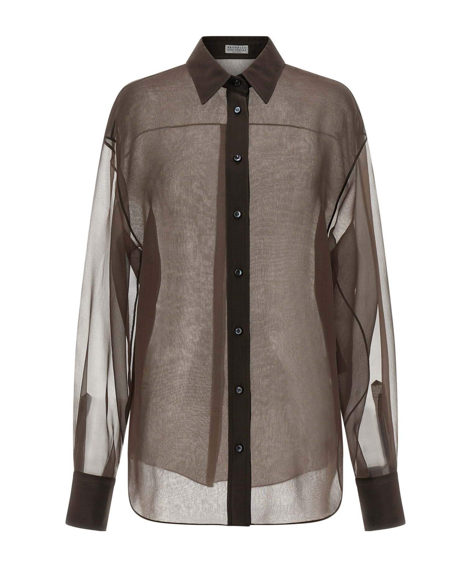 Brunello Cucinelli Sheer Long Sleeve Buttoned Cuff Shirt In Brown