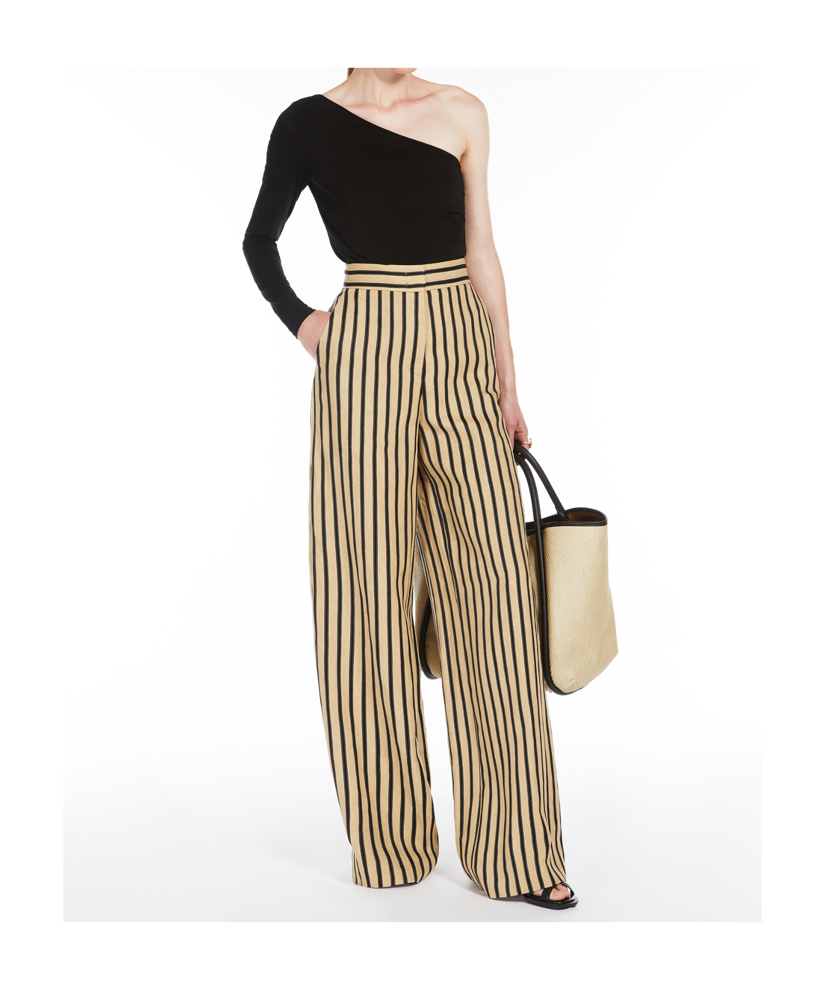 Shop Max Mara Striped Linen And Cotton Trousers In Nude