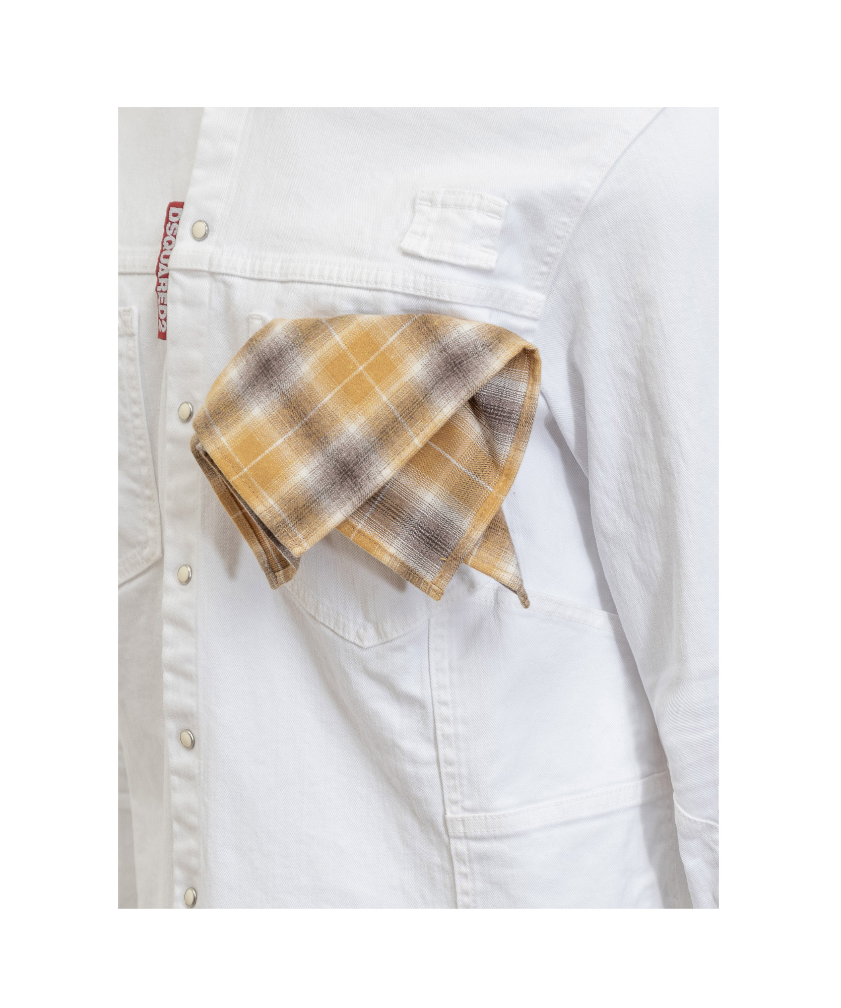 Dsquared2 White Cotton Denim Carpenter Shirt With Checked Pocket Square In White