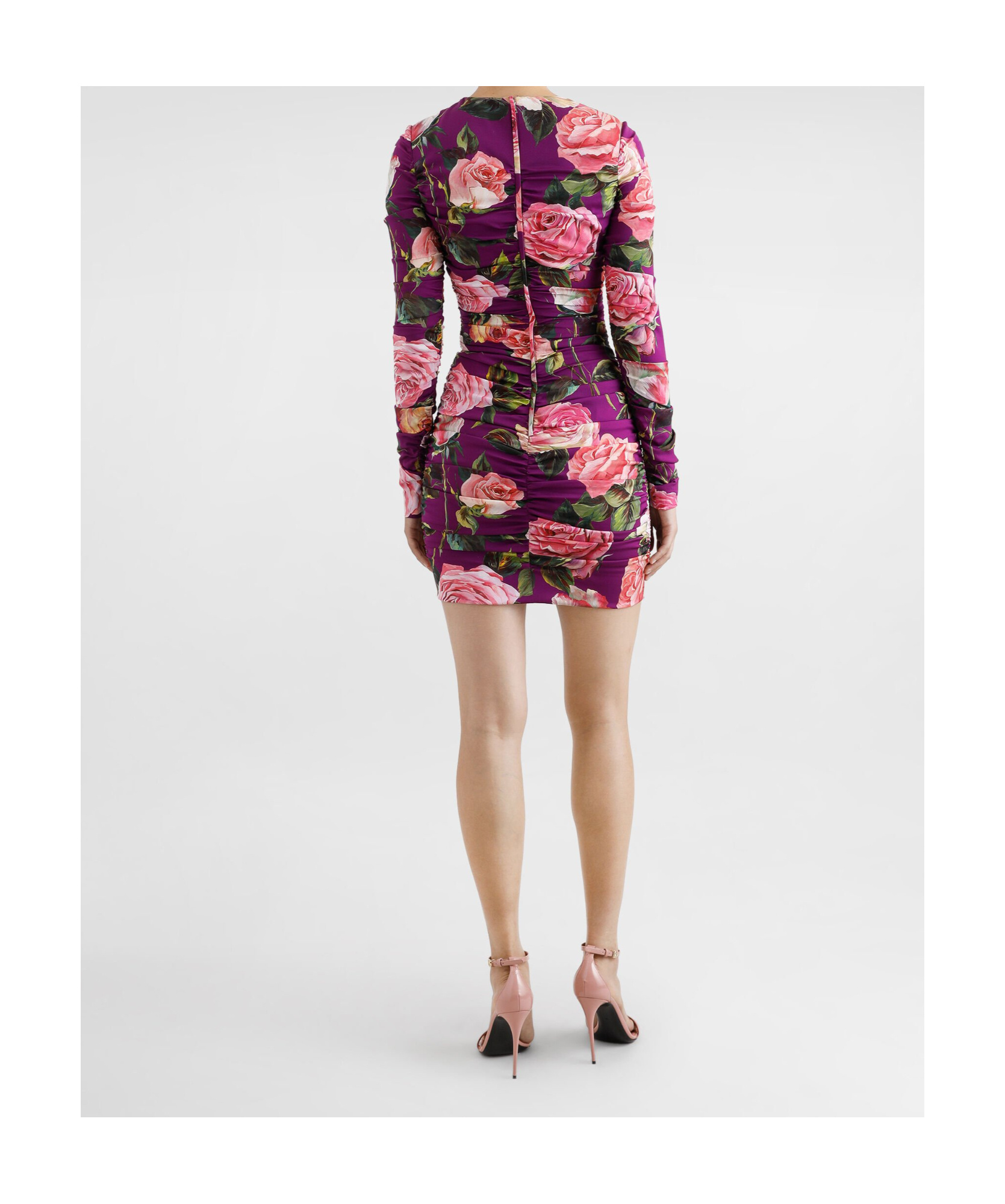 Dolce & Gabbana Charmeuse Midi Sheath Dress With Draping And Rose Print In Multicolor