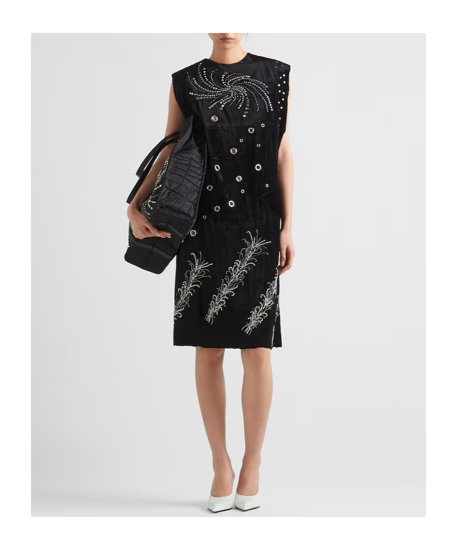 Prada Embroidered Georgette Sleeveless Dress In Black