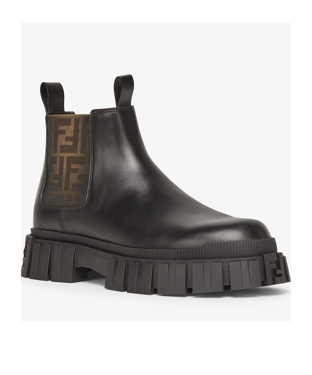 FENDI BROWN FF JACQUARD AND BLACK LEATHER CHELSEA BOOTS