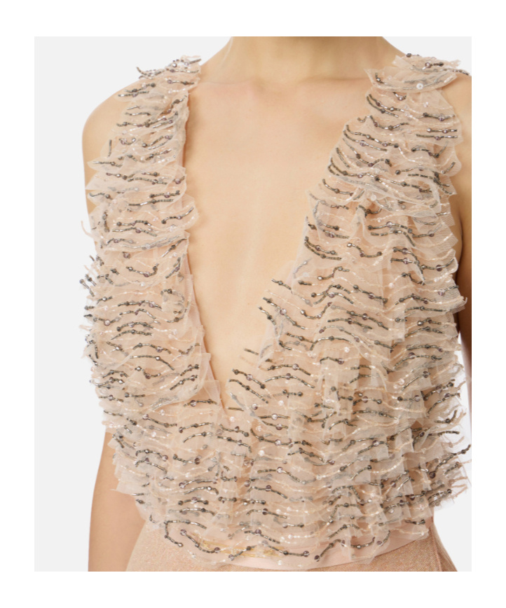 Elisabetta Franchi Red Carpet Dress In Tulle And Jersey Fabrics With Crystals In Brown