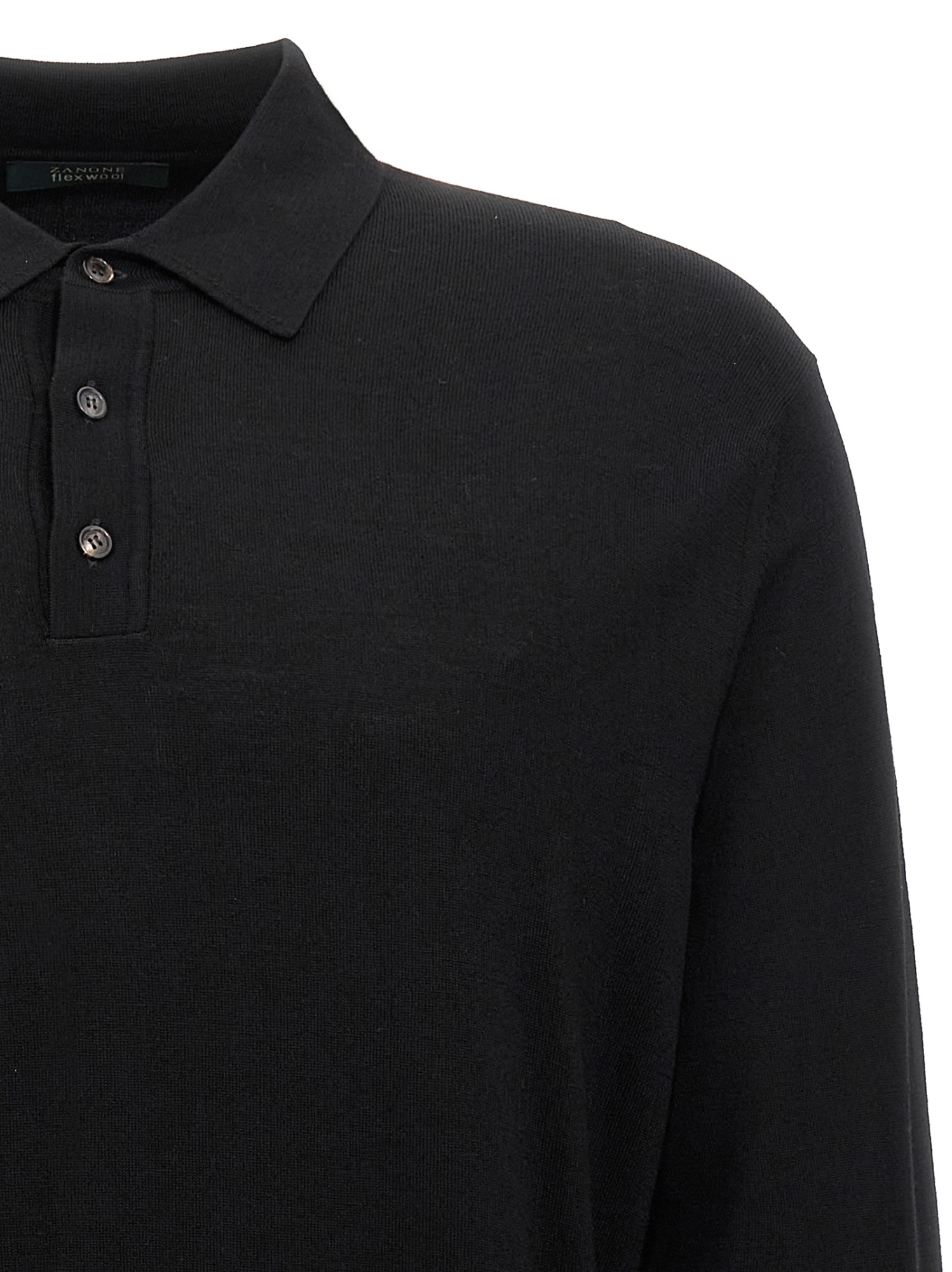 Zanone Wool Knit Polo Shirt With Cuffed Sleeves And Subtle Ribbing In Black