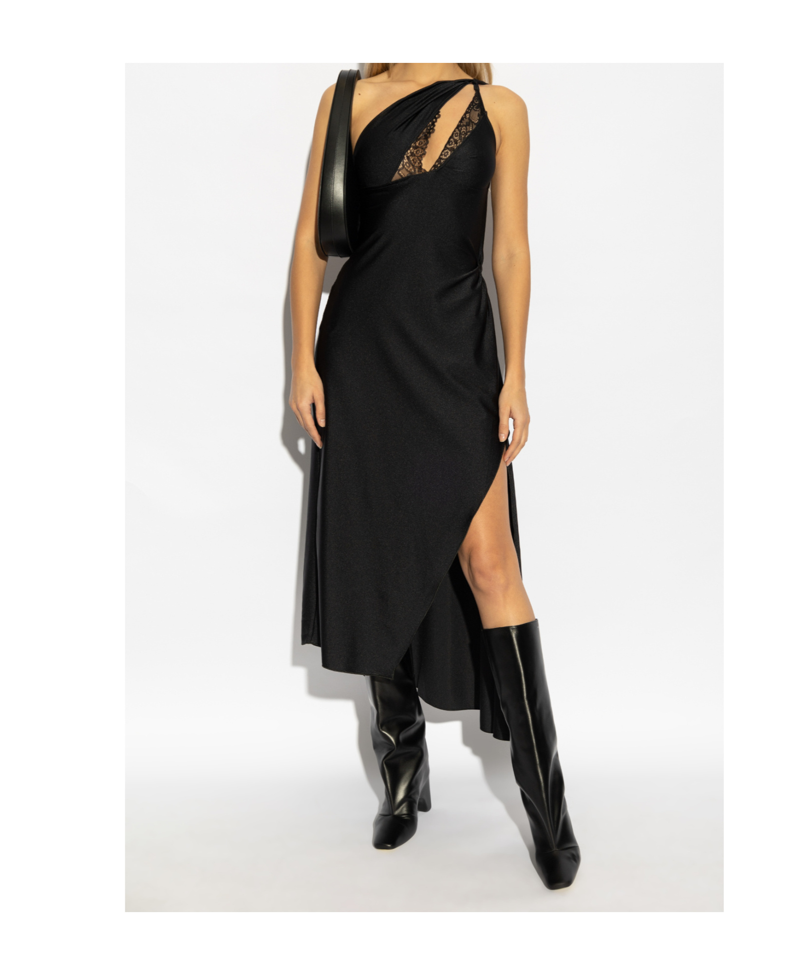 Coperni Asymmetric Black Satin Dress With Lace Details In Black