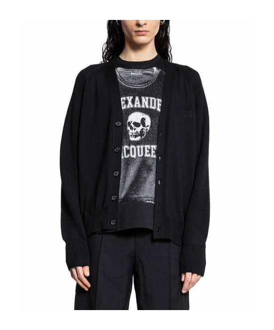 Alexander Mcqueen Wool Cardigan With Logo Embroidery In Black
