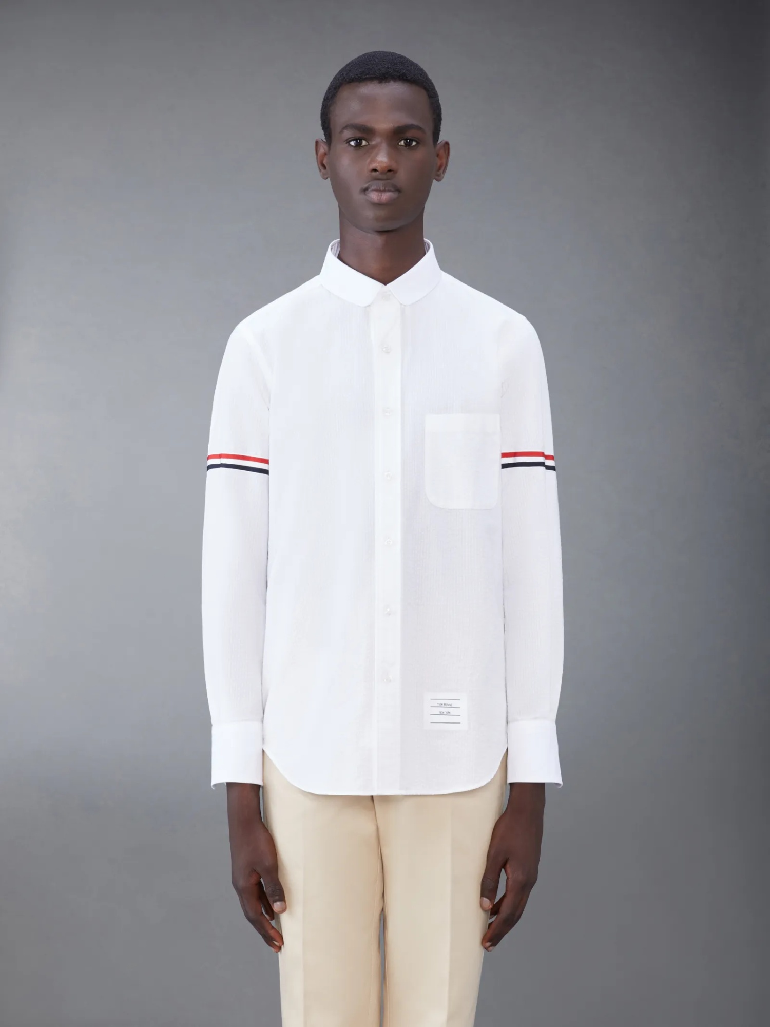 Thom Browne Armband-detail Seersucker Rwb Striped Shirt In White