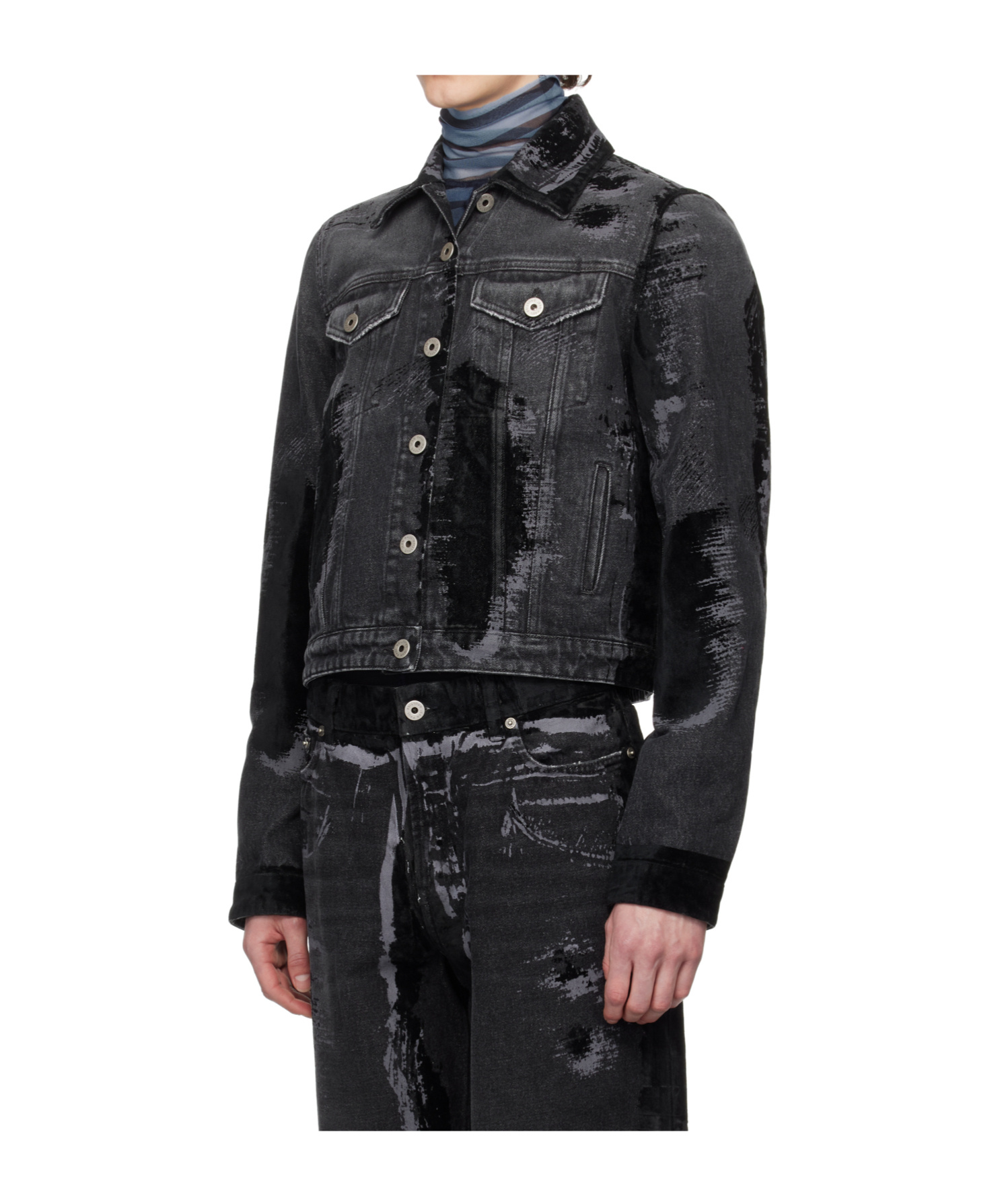 Jean Paul Gaultier Denim Jacket With Black Flock Detailing In Black