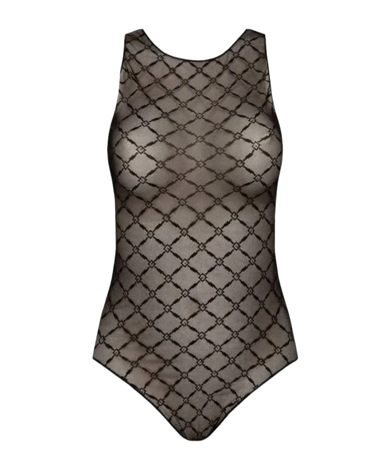Elisabetta Franchi Sheer Patterned Tulle Bodysuit In Brown