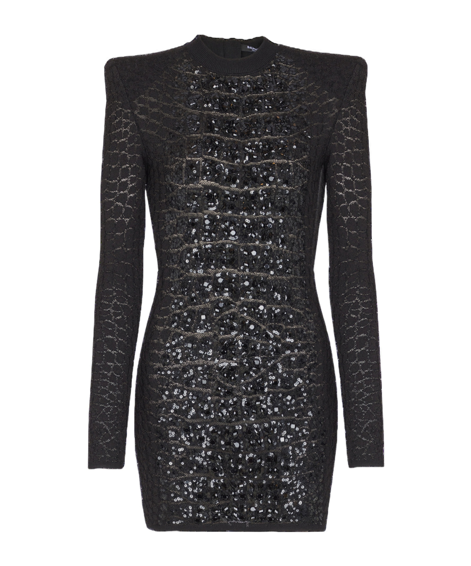Balmain Sequin-embellished Crocodile-knit Mini Dress In Black