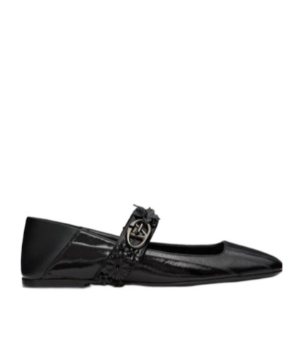 Valentino Garavani Vlogo Locker Mary-jane Ballerina In Eel With Flower Application Woman Black 37.5 In Black