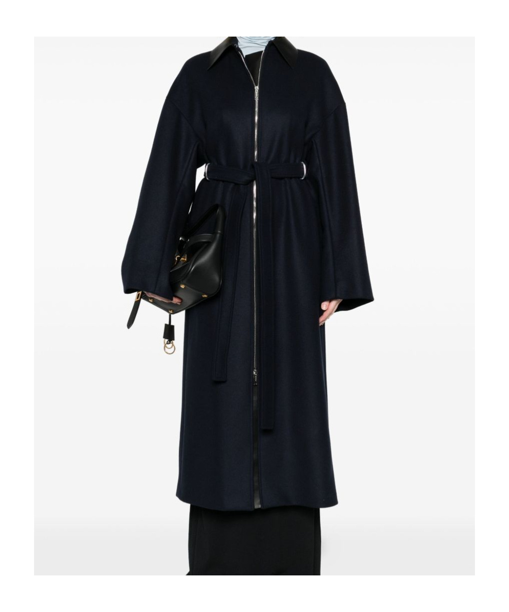 Sportmax Belted Long Coat Featuring Leather Collar In Blue