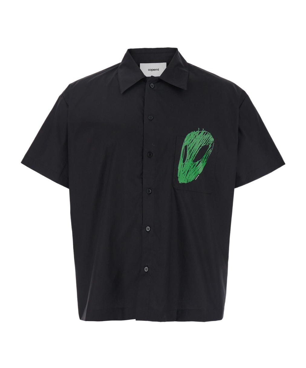 Coperni Black Shirt With Classic Collar And Print On The Front In Cotton Man In Black