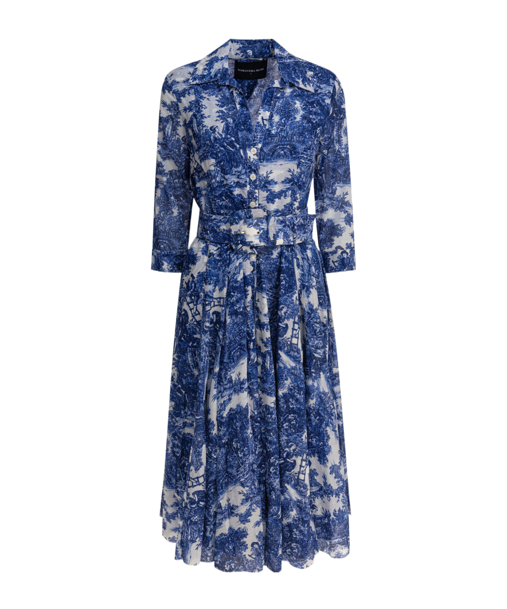 Samantha Sung Toile-print Belted Midi Dress In Blue