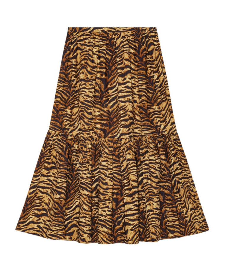 Ganni Tiger-striped Poplin Midi Skirt In Brown