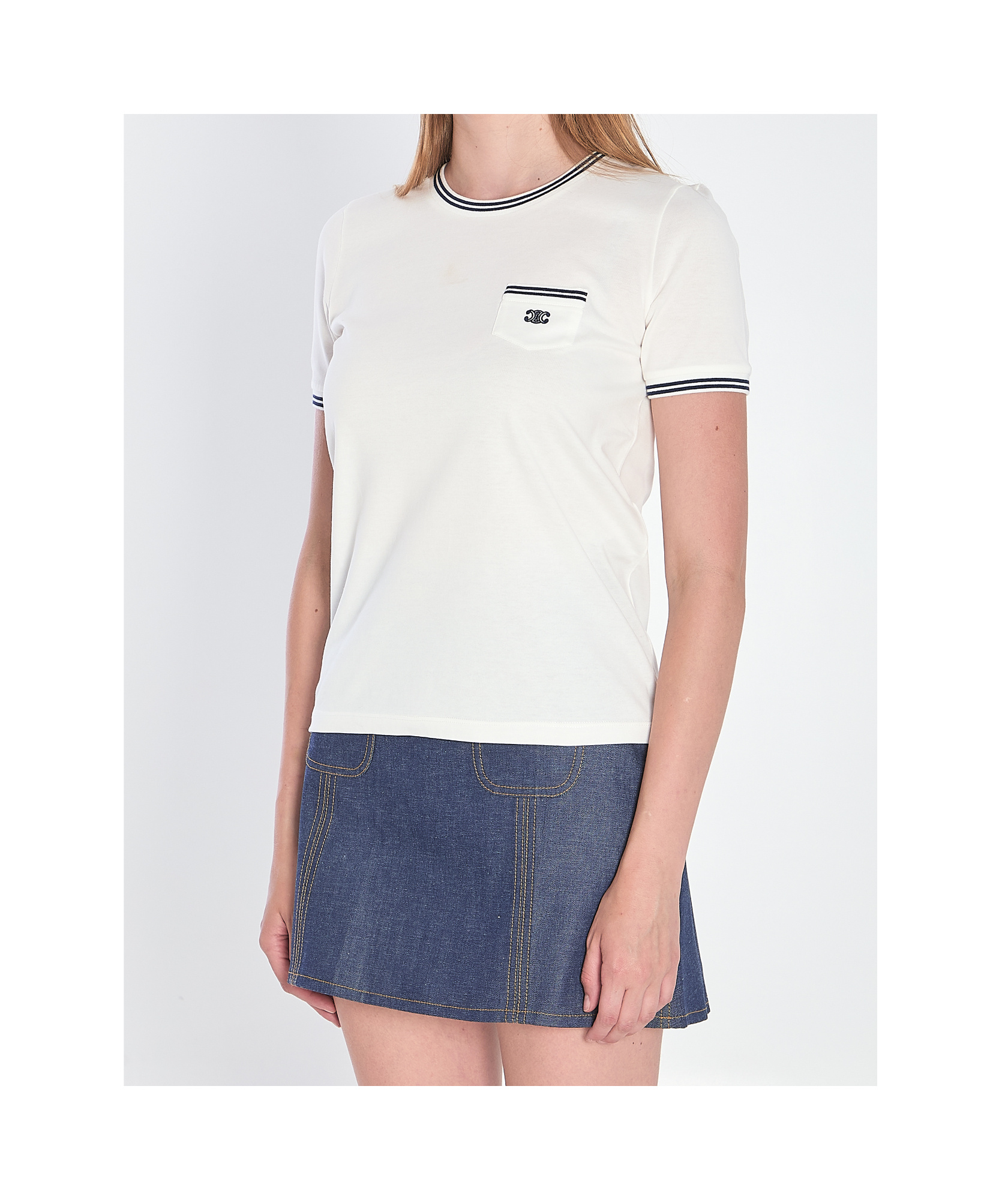 Celine White And Blue 70s Pocket Triomphe Cotton T-shirt In White