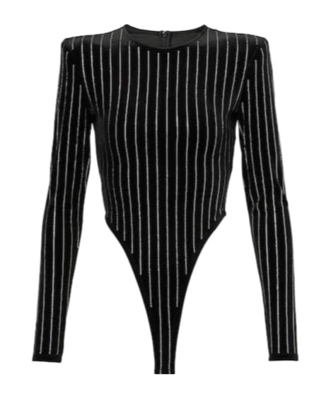 Alex Perry Crystal-embellished Pinstripe Velvet Bodysuit In Black