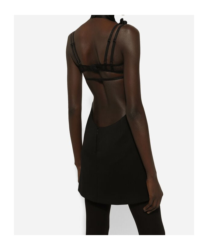 Dolce & Gabbana Black Mini Dress With Floral Detail In Wool Woman In Black
