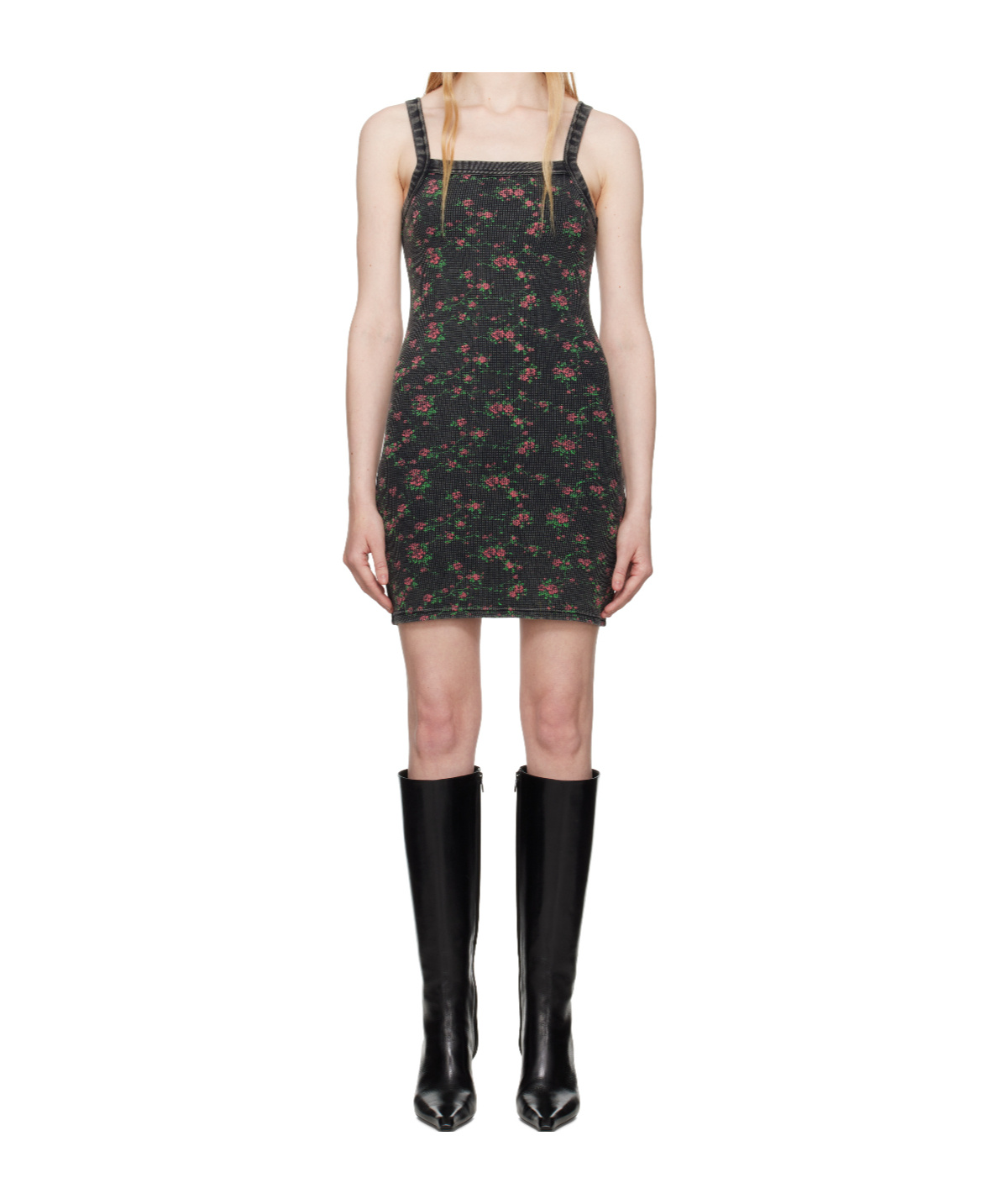 Alexander Wang Black Floral-print Waffle Knit Minidress