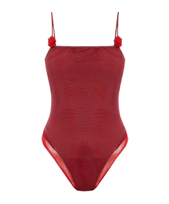 Oseree Womens Merlot - Red Rose Floral-appliqué Stretch-mesh Swimsuit In Red