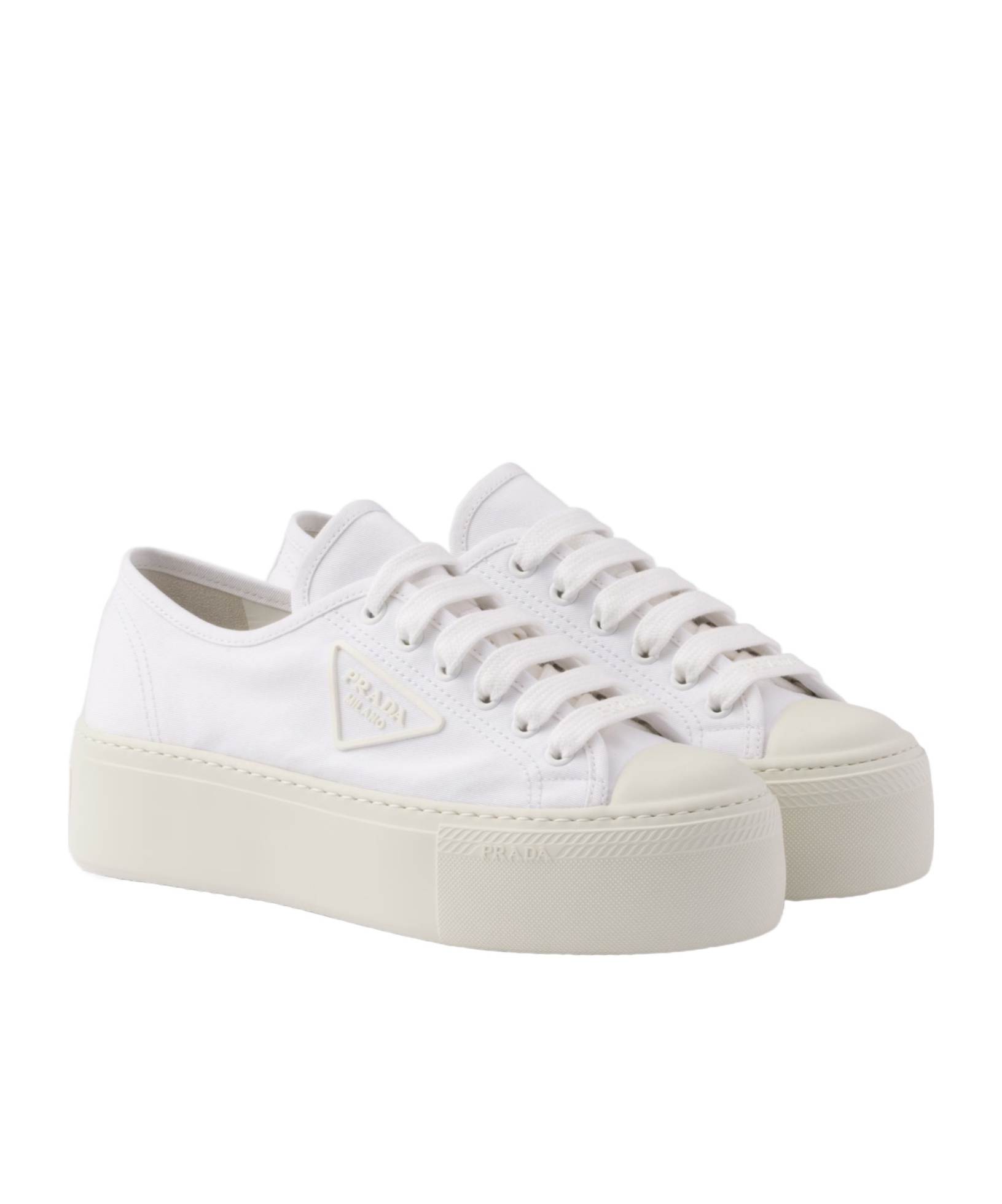 Shop Prada Laced Fabric Sneakers In White