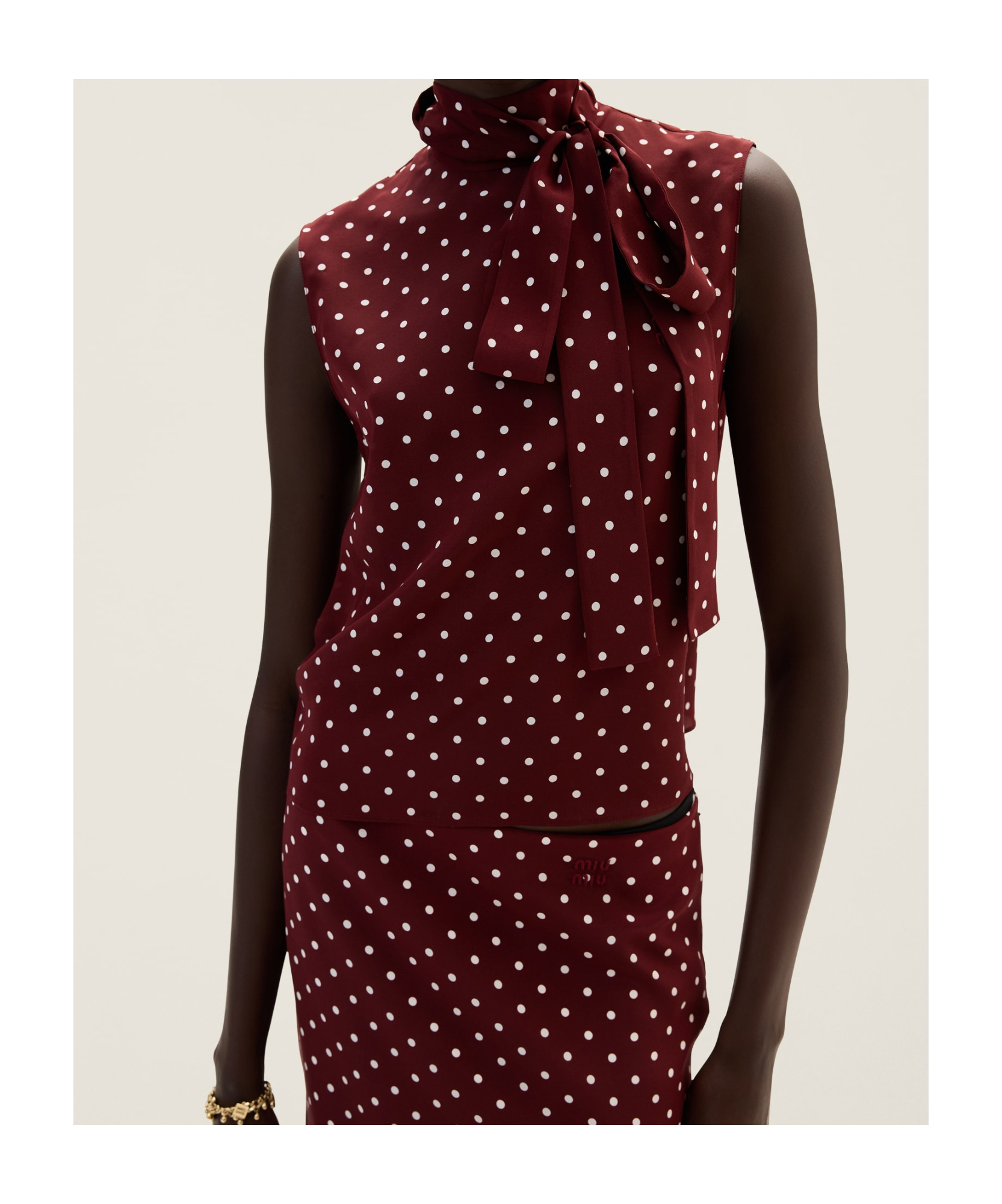 Miu Miu Polka Dot Crepe De Chine Scarf Collar Top In Red