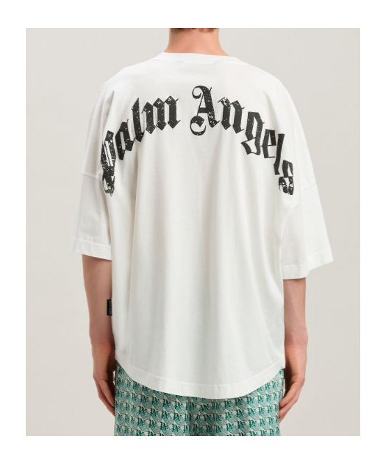 Palm Angels White Black Curved Logo T-shirt In White