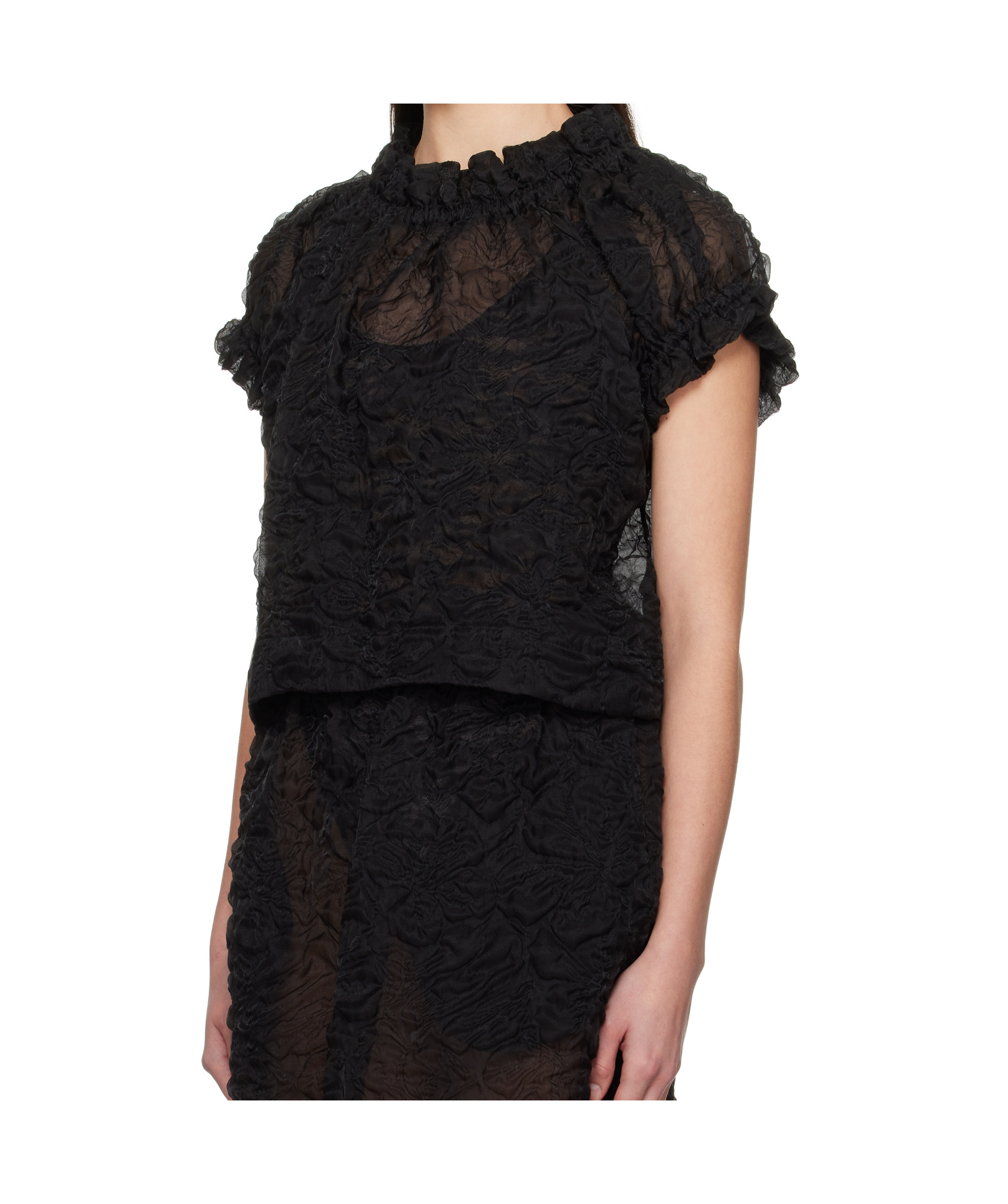 Simone Rocha Black Elasticated Gathered Ruffle Tulip Blouse In Black