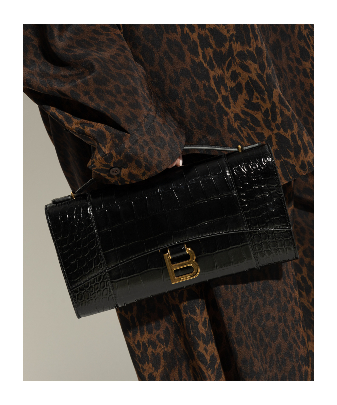 Balenciaga Hourglass Croc-effect Patent-leather Shoulder Bag In Black