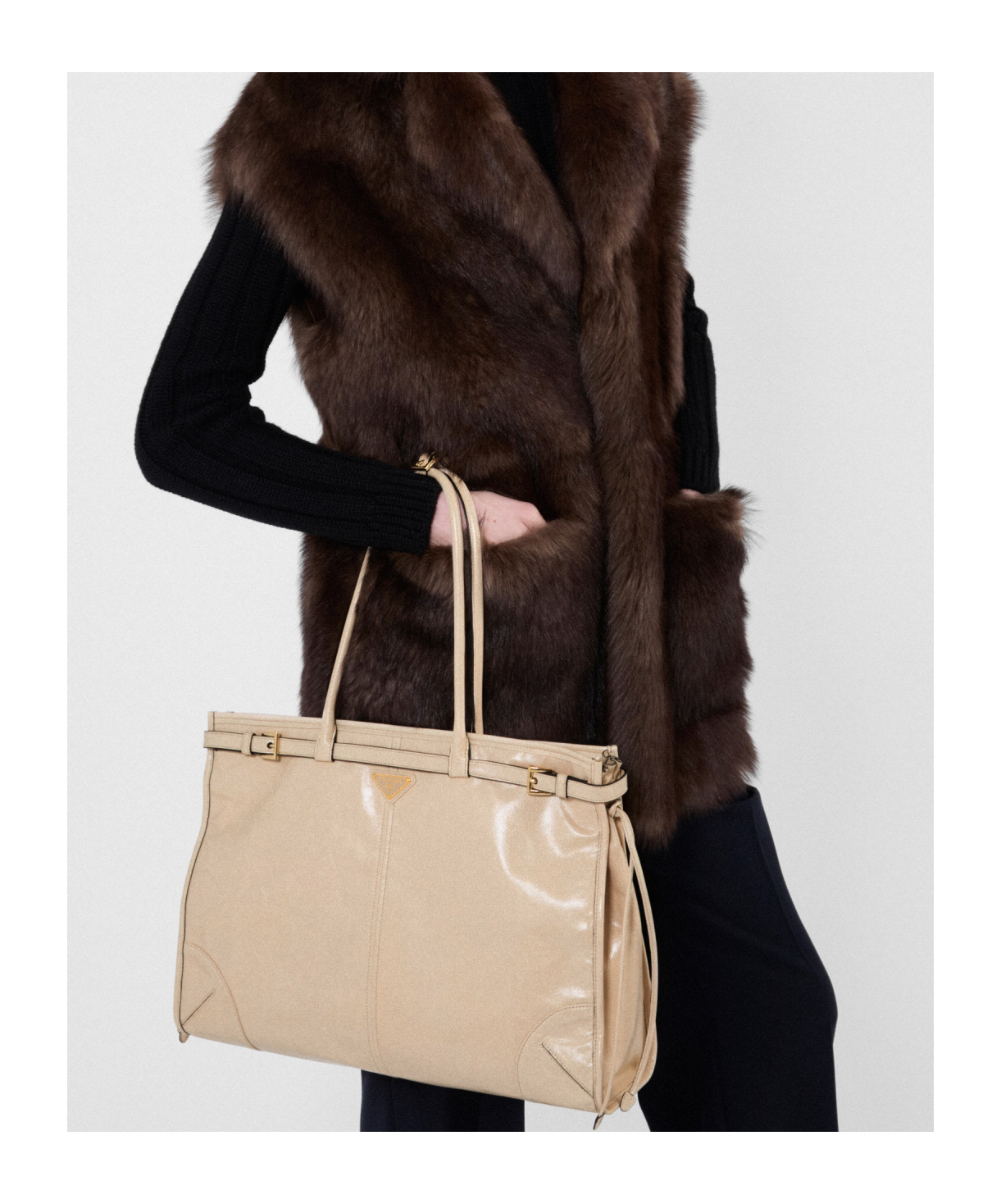 Prada Large Leather Handbag In Travertine