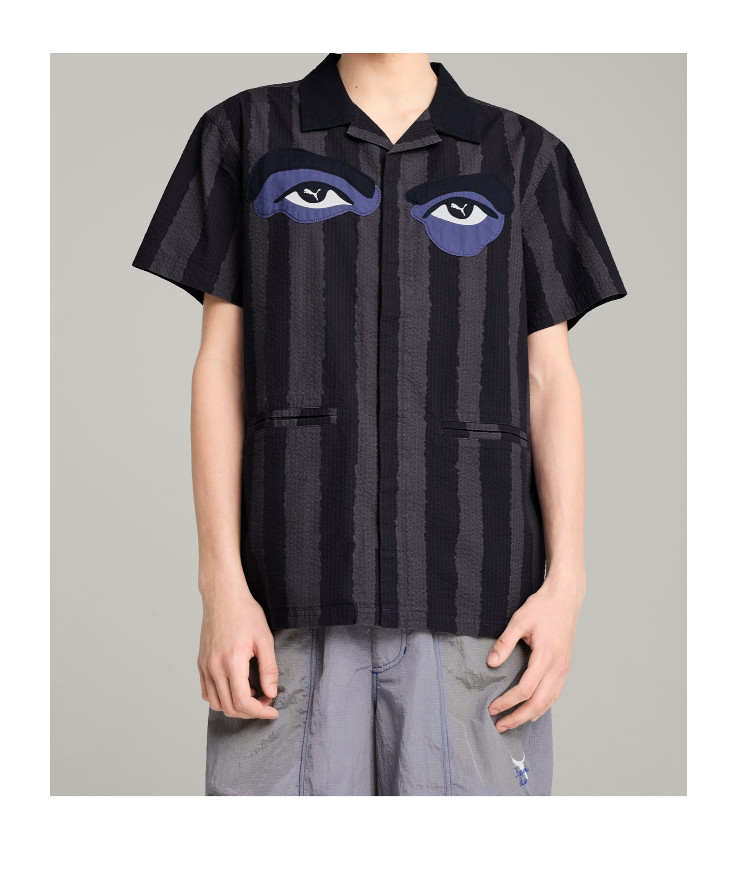 Puma X Kidsuper Stripe Cotton Seersucker Camp Shirt In Navy Blue