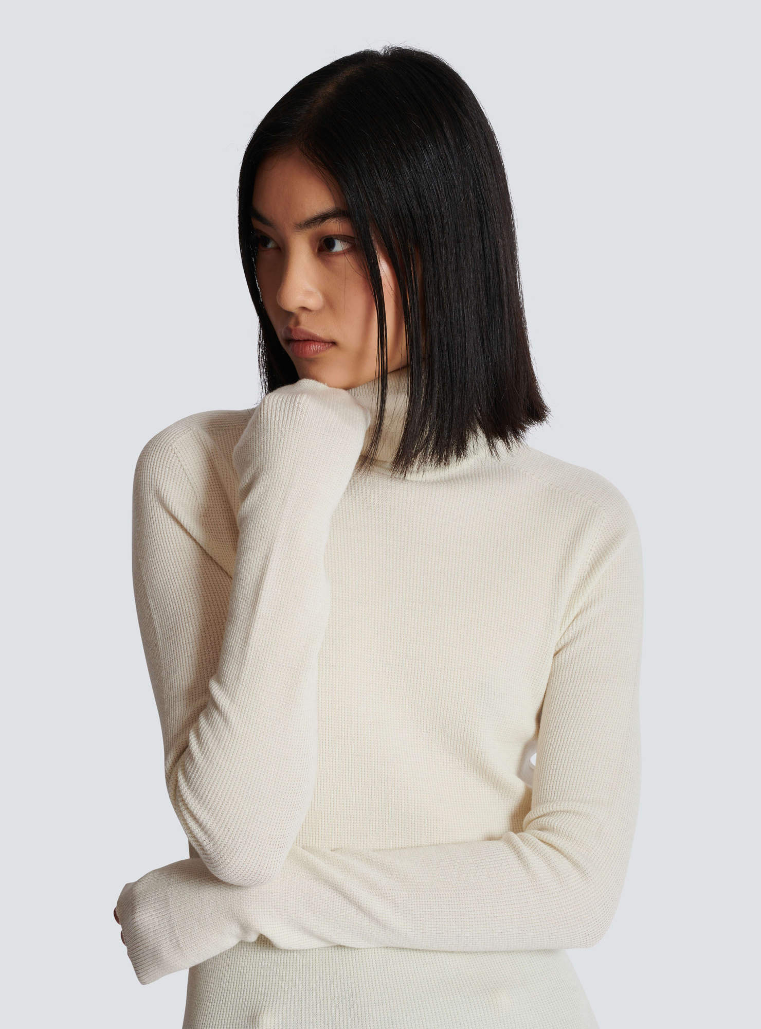 Shop Balmain Knitted Turtleneck Sweater In White