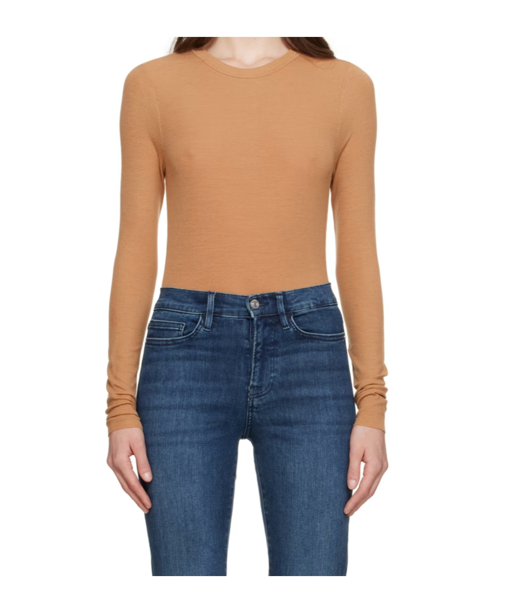 Frame Tan Embroidered Long Sleeve T-shirt In Brown