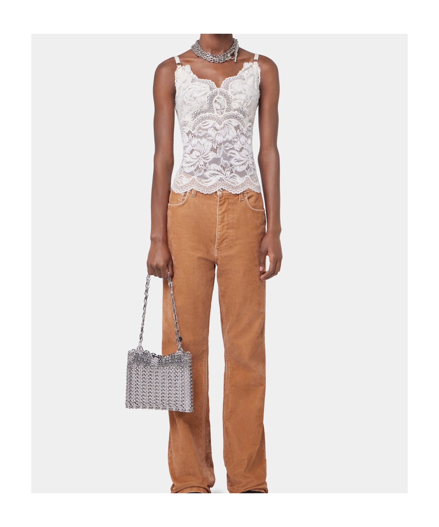 Rabanne Top In Pizzo Beige Semi Trasparente In White