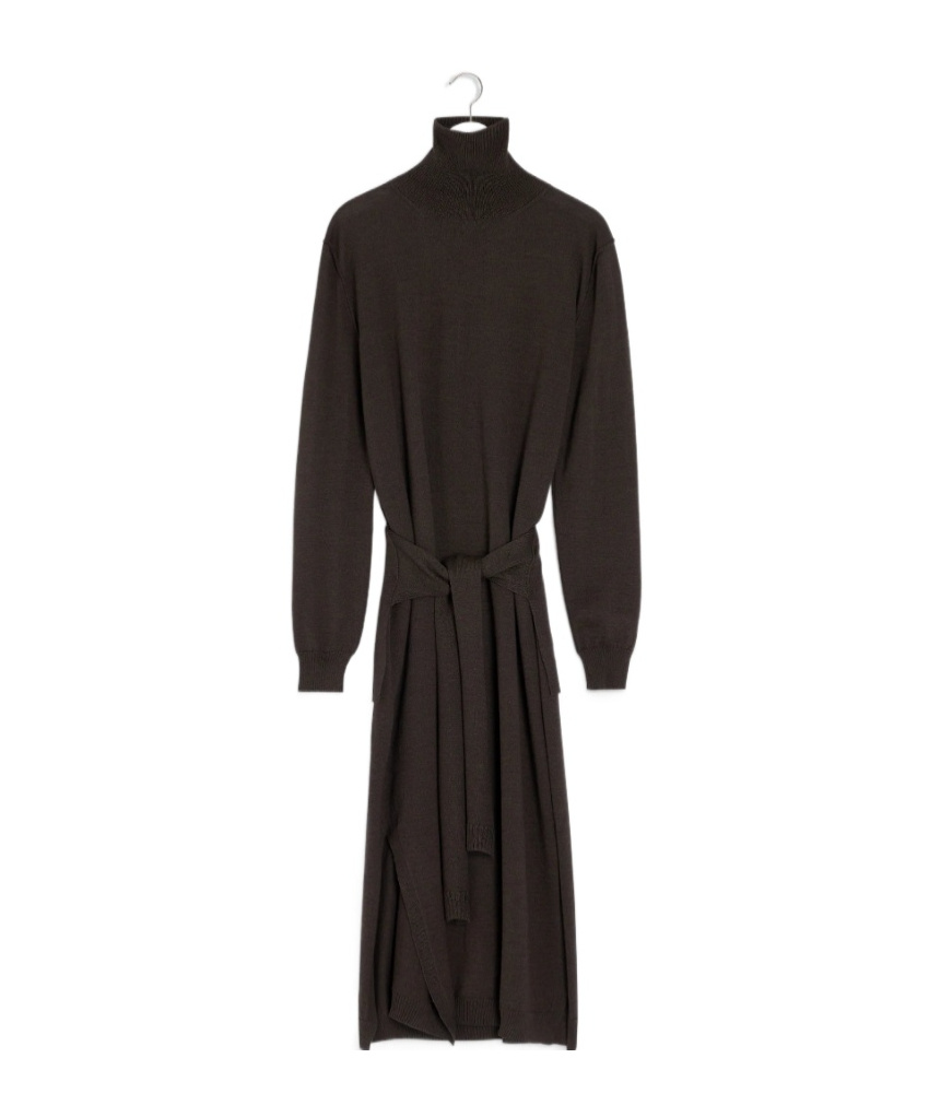 Lemaire Trompe L'oeil Turtleneck Belted Midi Dress In Brown