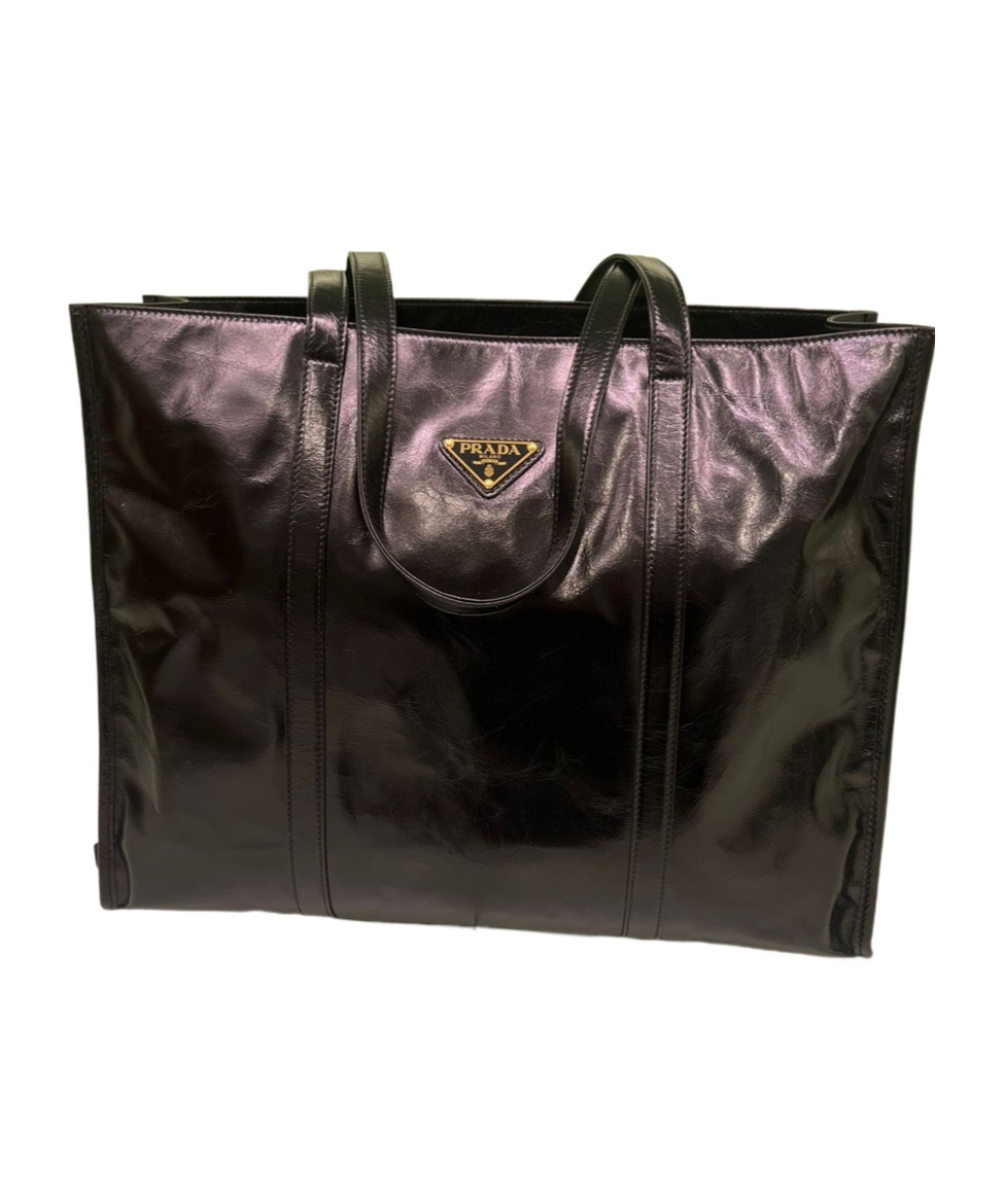 Prada Large Glossy Leather Tote Bag In Black