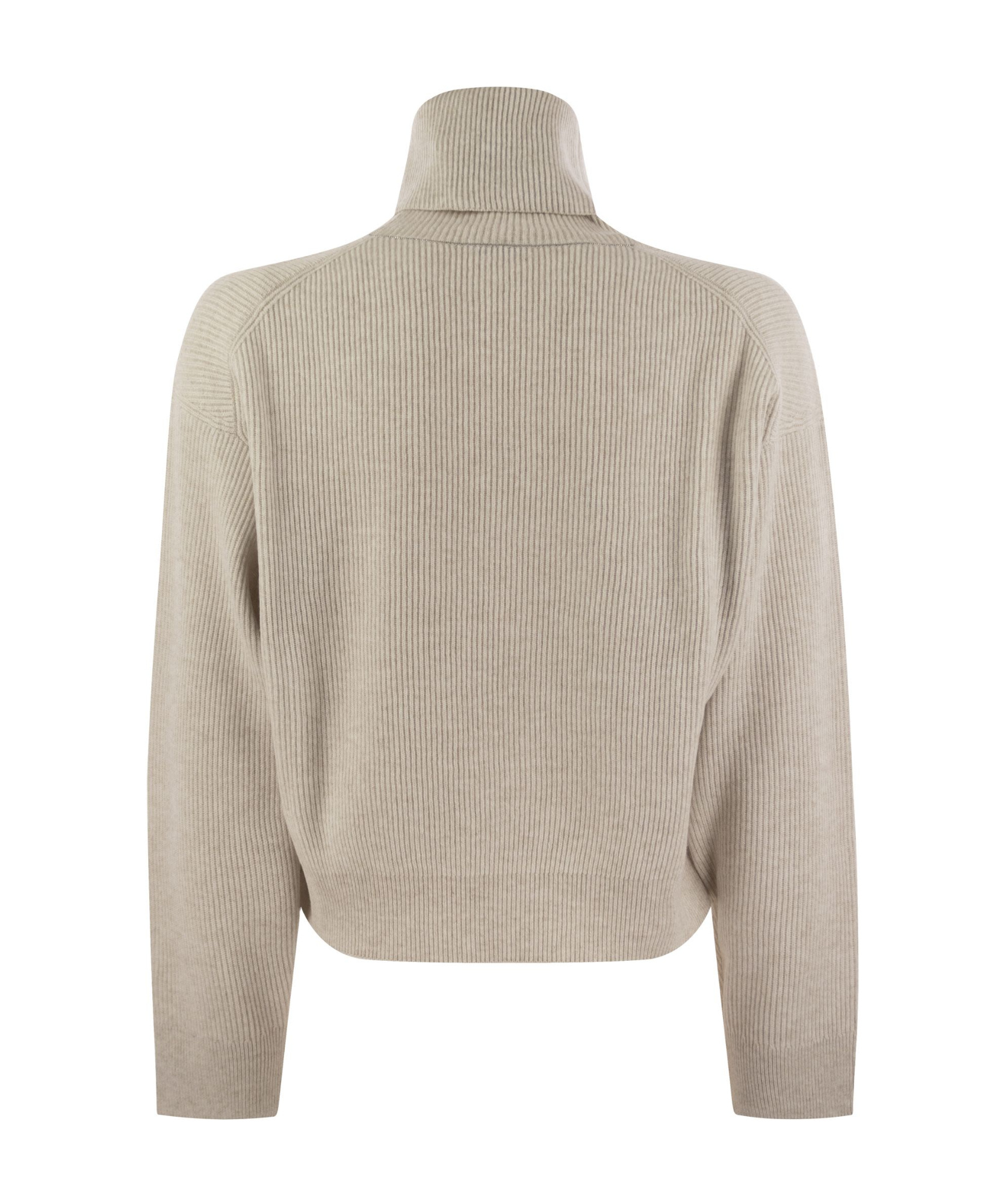 Brunello Cucinelli Turtleneck Sweater In Virgin Wool, Cashmere And Silk Rib In Nude