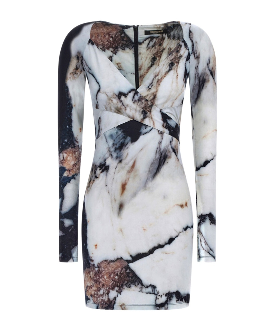 Roberto Cavalli Printed Abstract Fitted Mini V-neck Dress In Gray