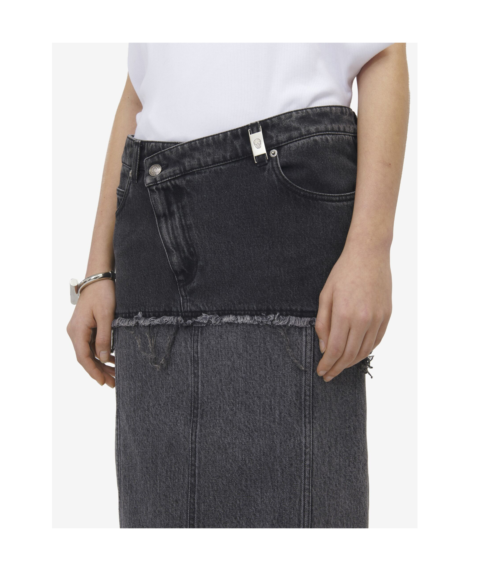 Alexander Mcqueen Mcqueen Two-tone Low Rise Denim Midi Skirt In Black