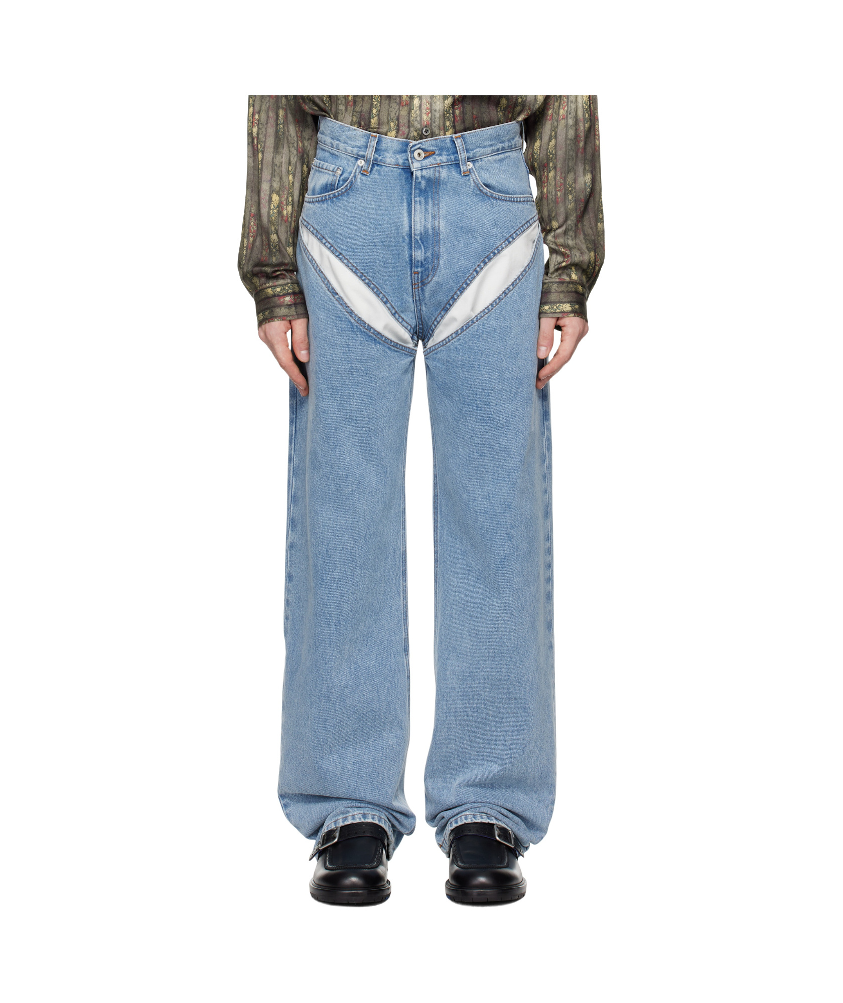 Y/project Denim Cutout High Rise Wide Jeans In Blue