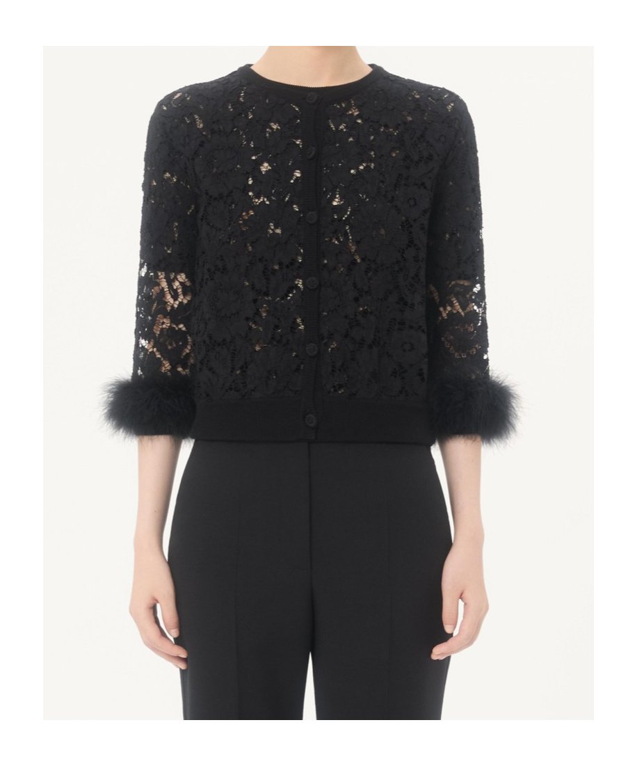 Valentino Feather-trimmed Cotton Corded Lace Cardigan In Black