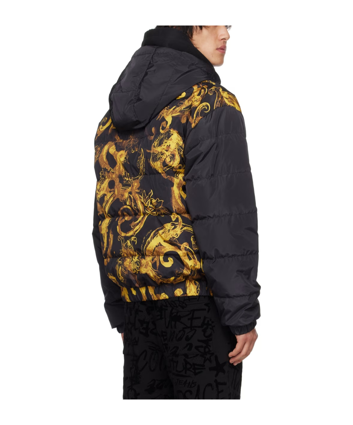 Versace Printed Quilted Down Jacket In Black