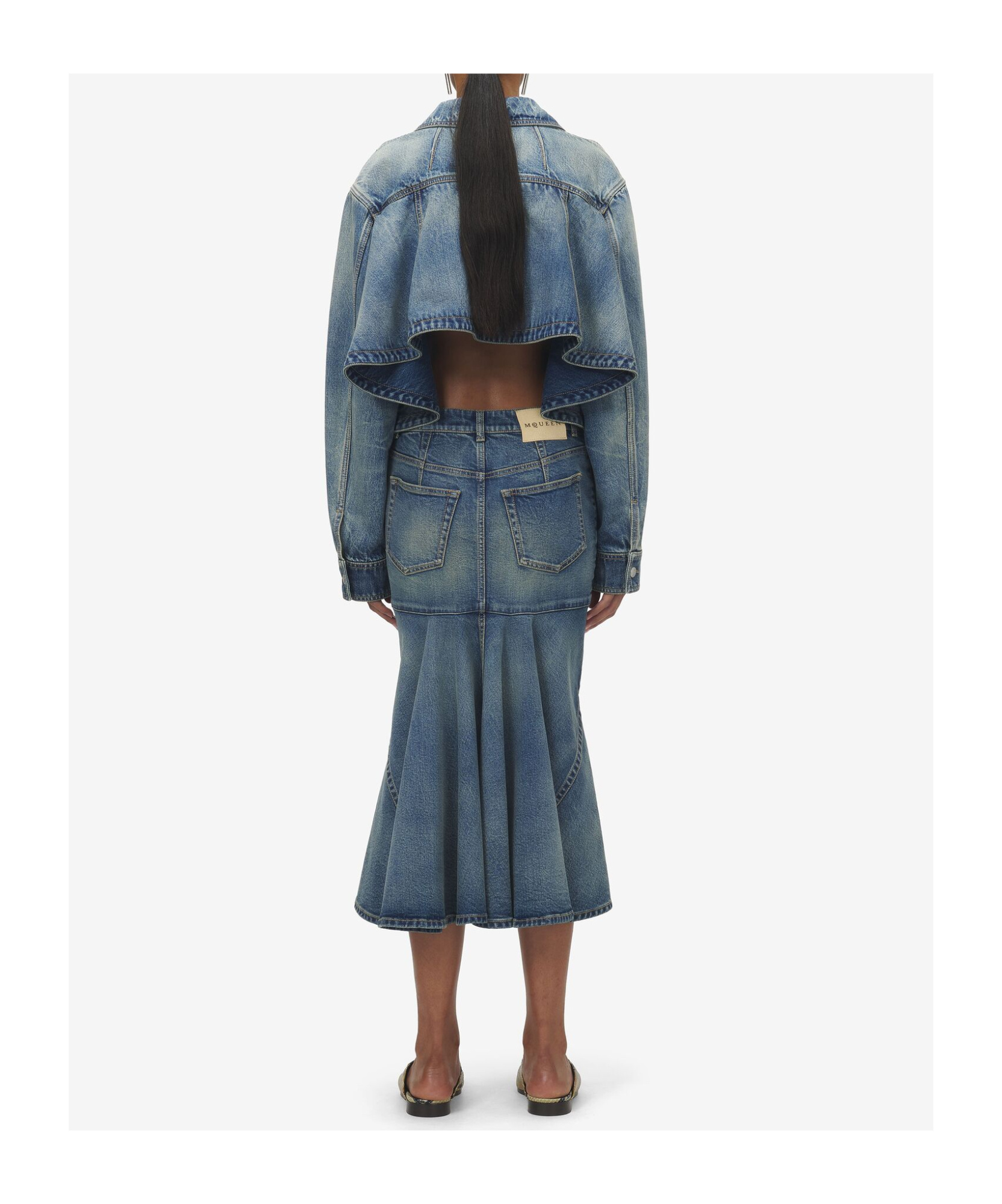 Alexander Mcqueen Stonewashed Denim Kickback Skirt In Blue