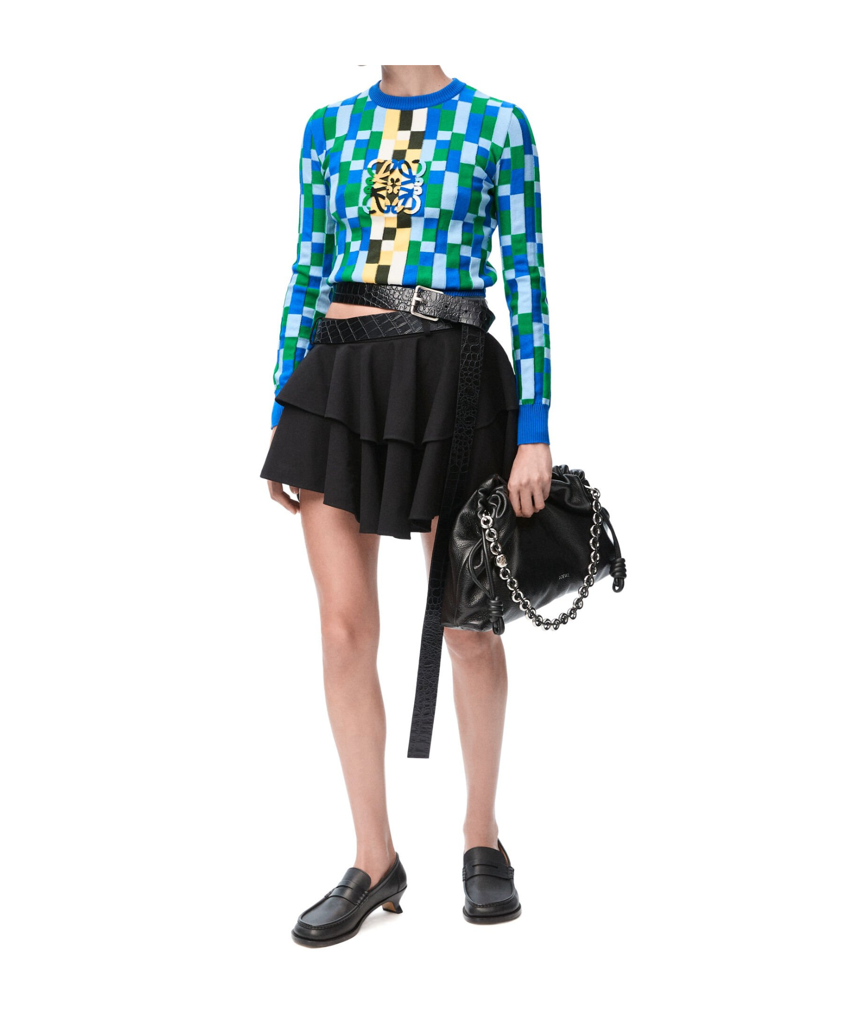 Loewe Anagram Appliquéd Checked Intarsia Cotton Sweater In Blue