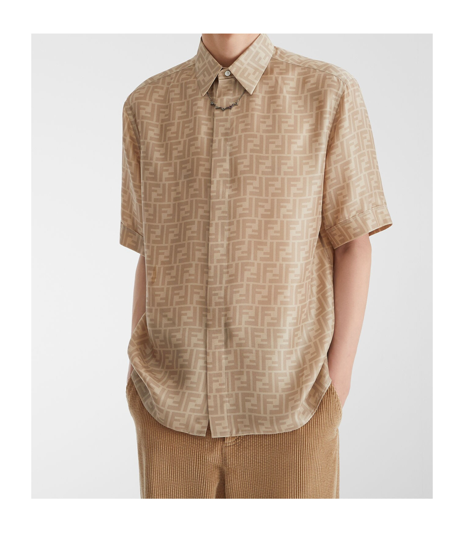 Fendi Off White Printed Satin Shirt In Nude