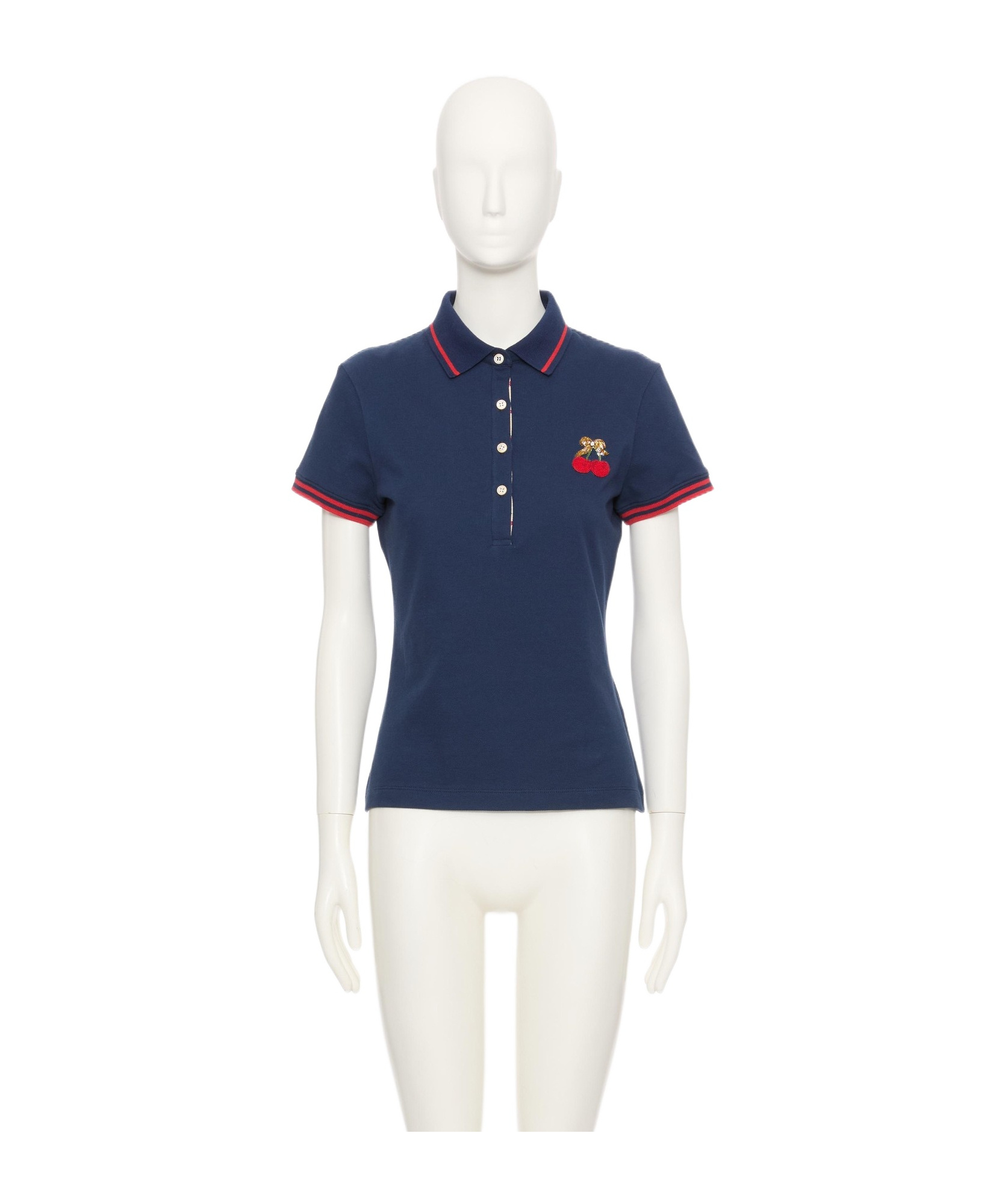 Valentino Cherry Embroidery Polo With Contrast Trim In Blue